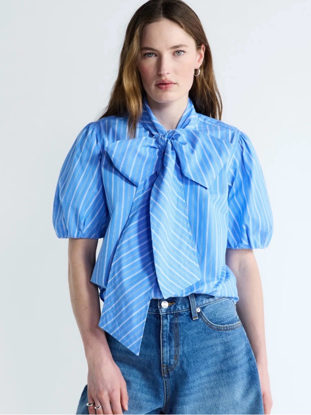 Cotton bow striped blouse